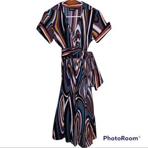 Long multi color swirl purple orange white belted swing dress Metrostyle